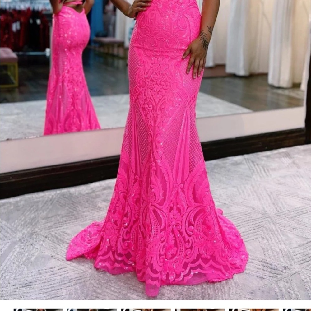 KissProm V Neck Pink Glitter Backless Mermaid Bodycon Long Gown Prom Dress